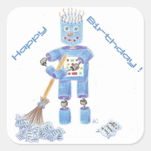 Blue robot birthday stickers