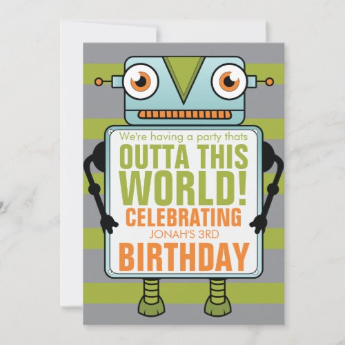 Blue Robot Childs Birthday Party Invitation