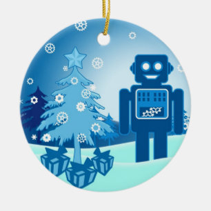 Blue Robot Chritsmas Ceramic Ornament