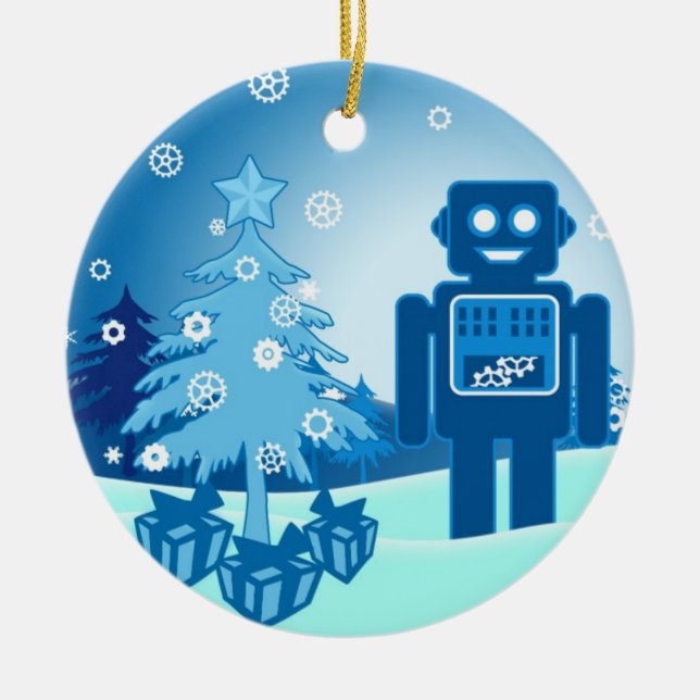 Blue Robot Chritsmas Ceramic Ornament (Front)