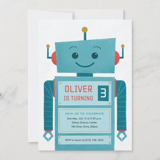 Blue Robot Kids Birthday Party Invitation (Front)
