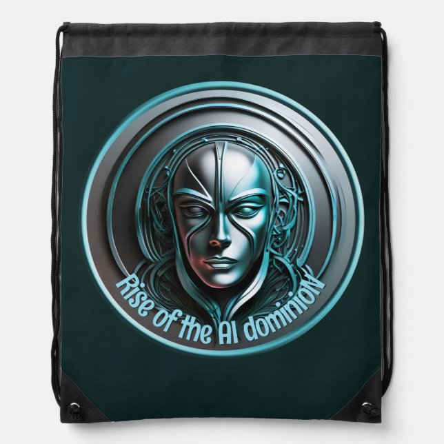 Blue Robot Mask - Rise of the AI dominioN Drawstring Bag (Front)