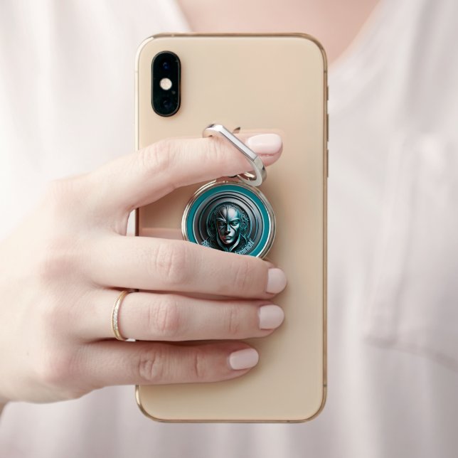 Blue Robot Mask - Rise of the AI dominioN Phone Ring Stand (In Situ)