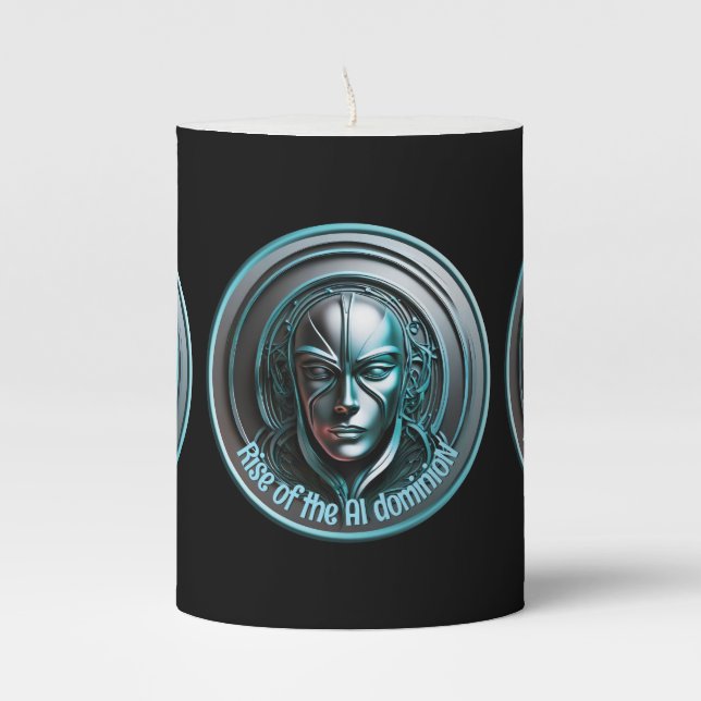 Blue Robot Mask - Rise of the AI dominioN Pillar Candle (Front)