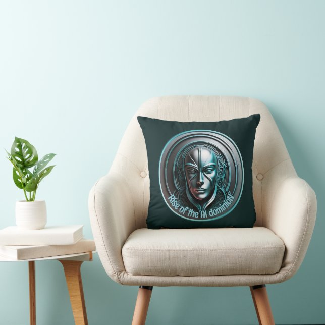 Blue Robot Mask - Rise of the AI dominioN Throw Pillow (Chair)
