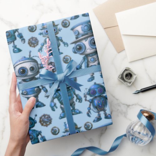 Blue Robot Pattern Wrapping Paper