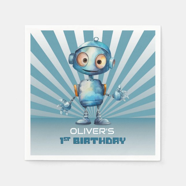 Blue Robot Theme 1st Birthday Napkins (Front)