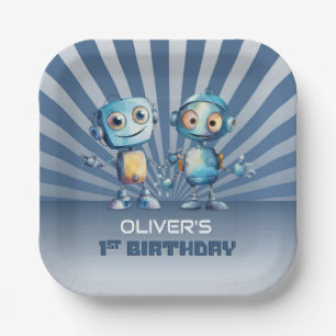 Blue Robot Theme 1st Birthday Party Paper Plates