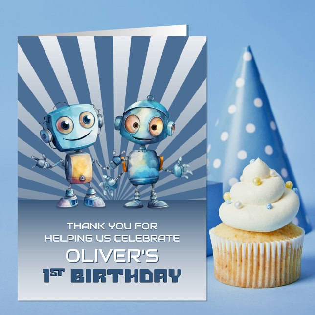 Blue Robot Theme 1st Birthday Thank You (Creator Uploaded)