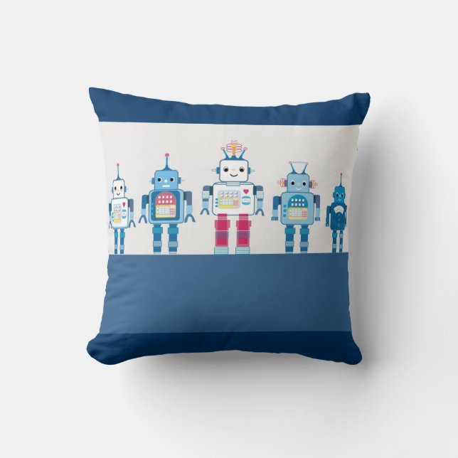 Blue Robots Tech Geek Decorative Throw Pillows (Front)