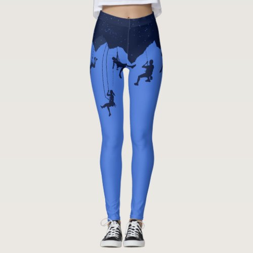 Blue Rock Climbers Abseiling Graphic Design Leggings