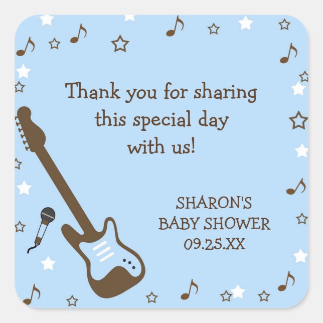 Blue Rock Star baby shower favor sticker (Front)