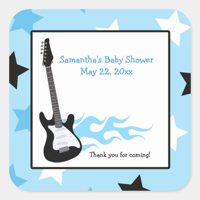 Blue Rock Star Guitar SQUARE Favor Sticker (Front)