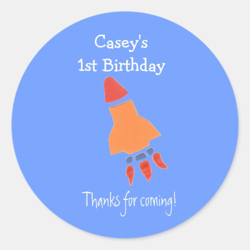 Blue rocket 1st birthday favor label