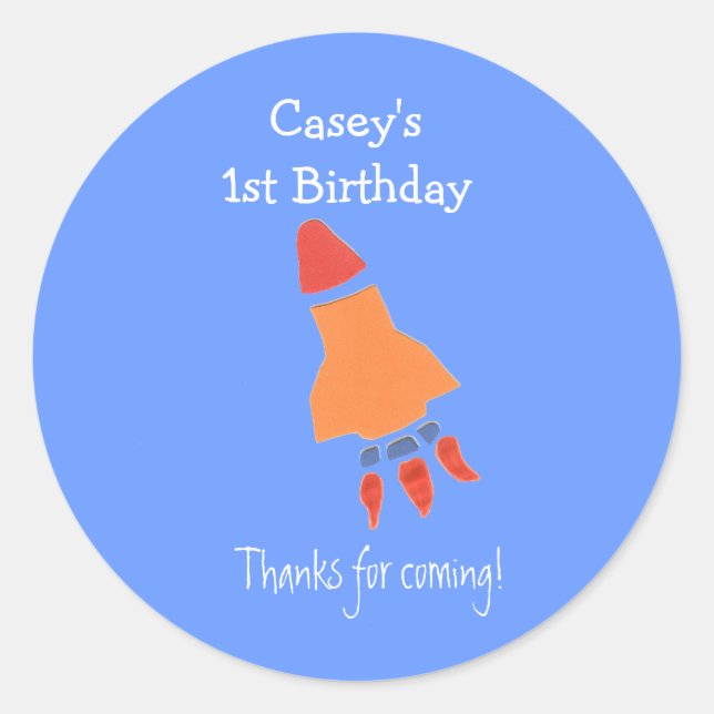 Blue rocket 1st birthday favor label (Front)