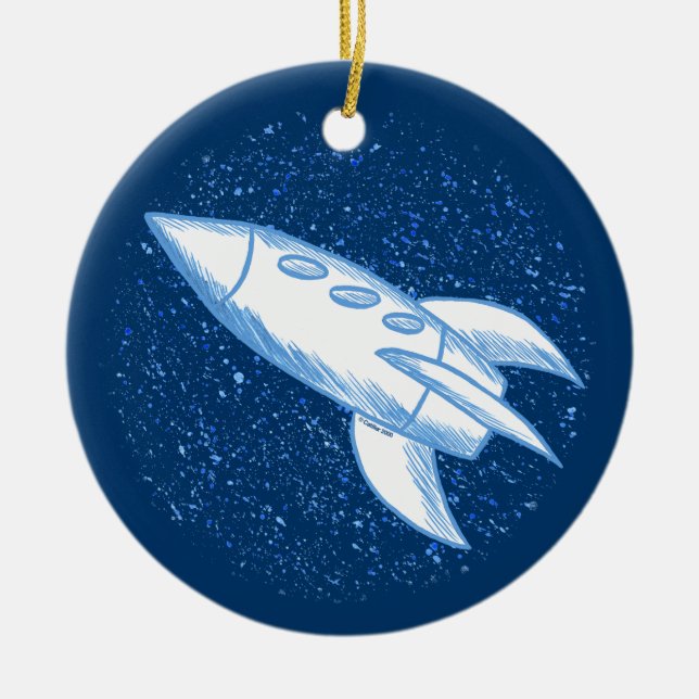 Blue Rocket Ceramic Ornament (Front)