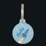 Blue Rocket Outer Space Personalized Name Template Pet Name Tag<br><div class="desc">Blue Retro Rocket Ship Personalized Dog Tag. Customize it with your pet's name and contact information. All text can be customized or deleted. Perfect for a dog who loves to run fast. Design features a cartoon rocketship flying to the stars with stylish customized typography font text. Simple, bold, and modern...</div>