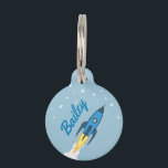 Blue Rocket Outer Space Personalized Name Template Pet Name Tag<br><div class="desc">Blue Retro Rocket Ship Personalized Dog Tag. Customize it with your pet's name and contact information. All text can be customized or deleted. Perfect for a dog who loves to run fast. Design features a cartoon rocketship flying to the stars with stylish customized typography font text. Simple, bold, and modern...</div>