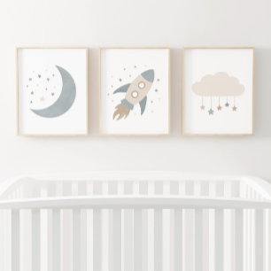 Blue Rocket Ship Moon Outer Space Kids Room Wall Art Sets