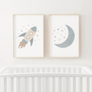 Blue Rocket Ship Moon Outer Space Kids Room Wall Art Sets