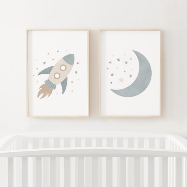 Blue Rocket Ship Moon Outer Space Kids Room Wall Art Sets (Creator Uploaded)