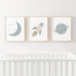 Blue Rocket Ship Moon Planet Outer Space Kids Room Wall Art Sets