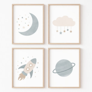 Blue Rocket Ship Moon Planet Outer Space Kids Room Wall Art Sets