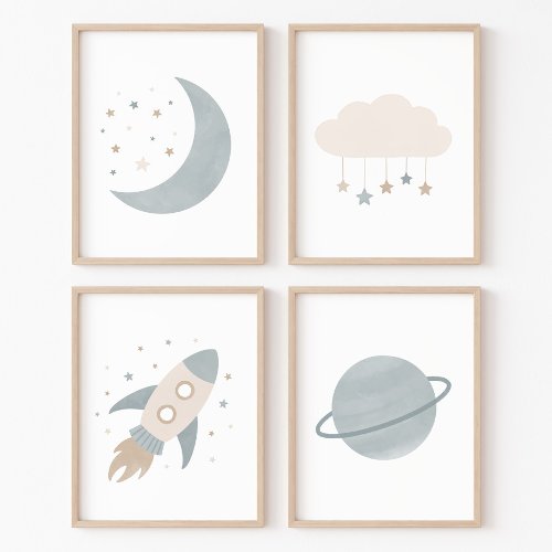 Blue Rocket Ship Moon Planet Outer Space Kids Room Wall Art Sets