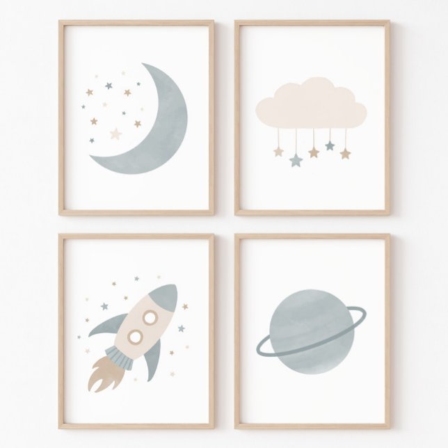 Blue Rocket Ship Moon Planet Outer Space Kids Room Wall Art Sets (Creator Uploaded)