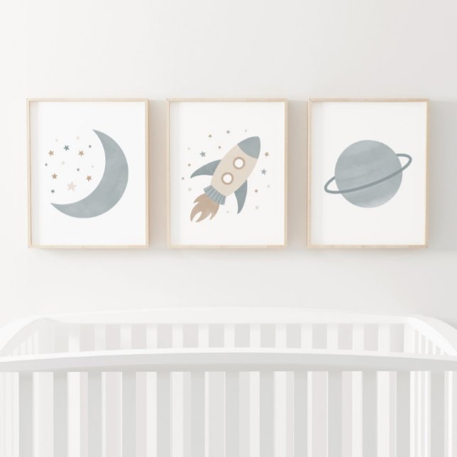 Blue Rocket Ship Moon Planet Outer Space Kids Room Wall Art Sets (Creator Uploaded)