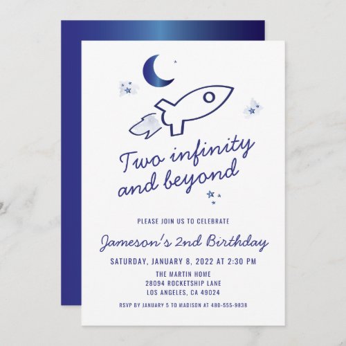 Blue Rocket Ship Outer Space 2nd Birthday  Invitation