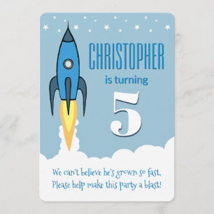 ★ Blue Rocket Ship Outer Space Birthday Invitation