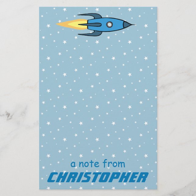 Blue Rocket Ship Outer Space Kids Personalized Boy Stationery (Front)