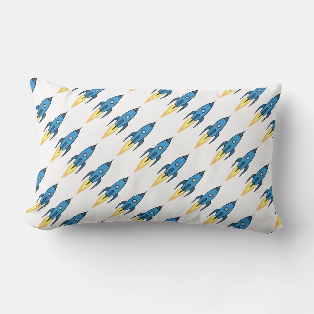 Blue Rocket Ship Outer Space Kids Room Decor | Boy Lumbar Pillow (Front)