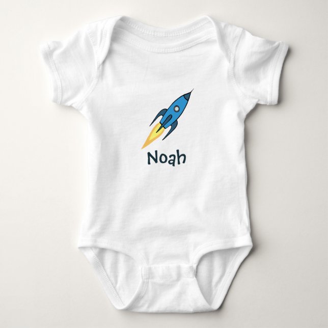 Blue Rocket Ship Outer Space Personalized Boy Cute Baby Bodysuit (Front)