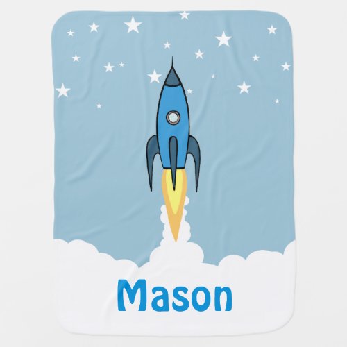 Blue Rocket Ship Outer Space Personalized Boy Cute Receiving Blanket
