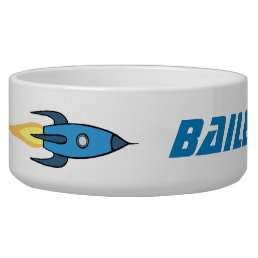 Blue Rocket Ship Outer Space Personalized Pet Name Bowl