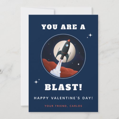 Blue Rocket Spaceship Boys Kids Valentines Day Holiday Card