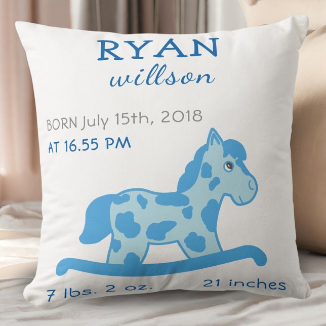  Blue Rocking Horse Baby Boy Birth Stats Throw Pillow (Creator Uploaded)
