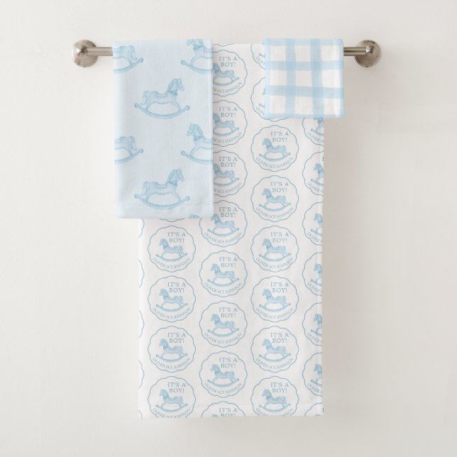 Blue Rocking Horse Baby Boy Personalized Towel Set (Insitu)