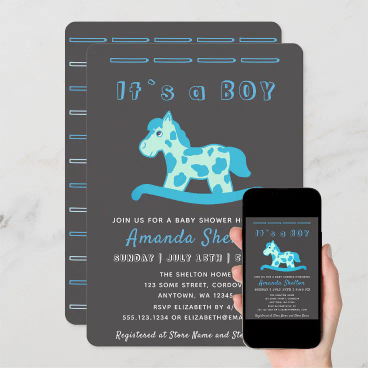 Blue Rocking Horse Baby Boy Shower Invitation | Zazzle