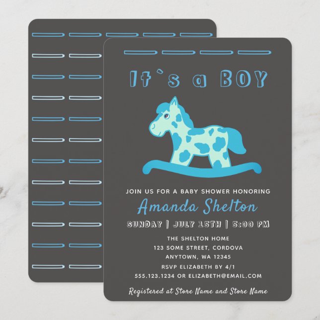 Blue Rocking Horse Baby Boy Shower Invitation (Front/Back)