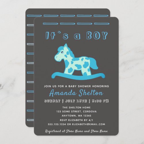 Blue Rocking Horse Baby Boy Shower Invitation - Cute rocking horse themed personalizable baby shower invitation card. Modern baby boy shower invitation with a text It`s a boy for your family and friends. 
The design has a cute blue rocking horse for a baby boy on a black background.
The background is black but you can change it by customizing the invite.
