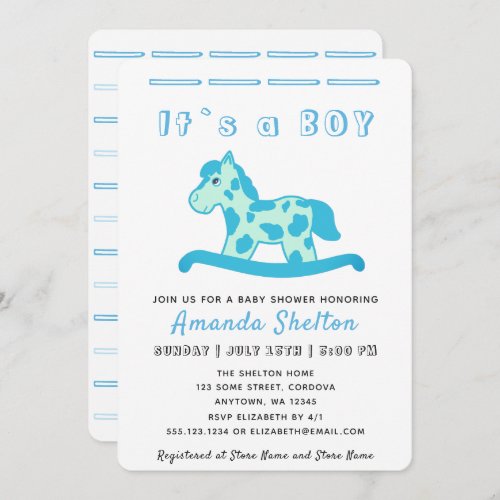 Blue Rocking Horse Baby Boy Shower Invitation - Cute rocking horse themed personalizable baby shower invitation card. Modern baby boy shower invitation with a text It`s a boy for your family and friends. 
The design has a cute blue rocking horse for a baby boy. 
The background is white but you can change it by customizing the invite.