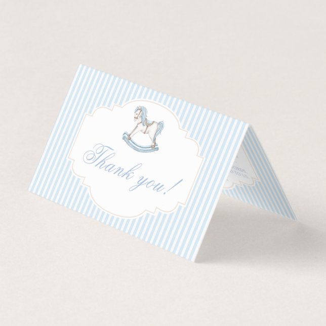 Blue rocking horse baby boy shower thank you cards (Front)