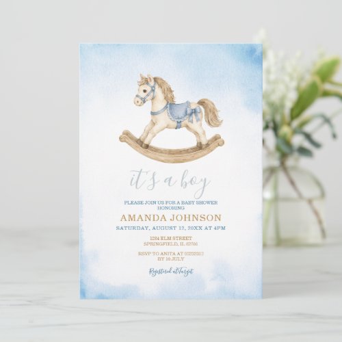 Blue Rocking Horse Baby Shower Invitation