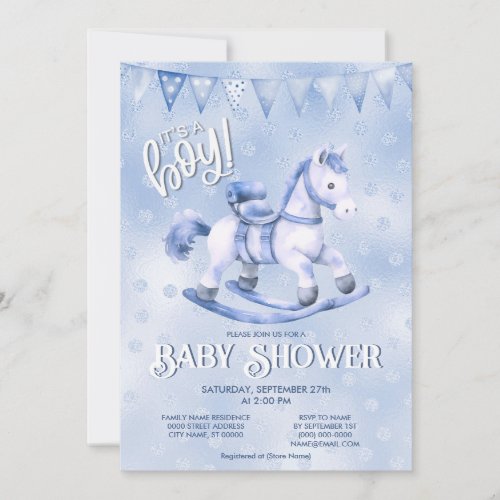 Blue Rocking Horse Baby Shower Invitation