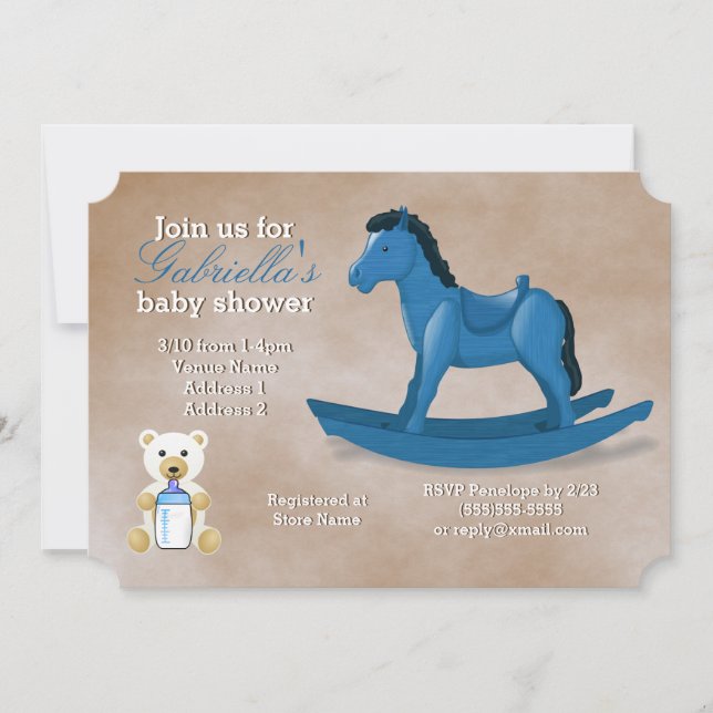 Blue Rocking Horse Baby Shower Invitation (Front)