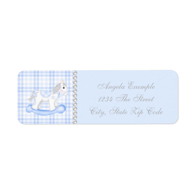 Blue Rocking Horse Baby Shower Label (Front)