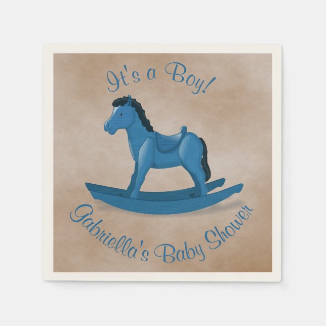 Blue Rocking Horse Baby Shower Napkins (Front)